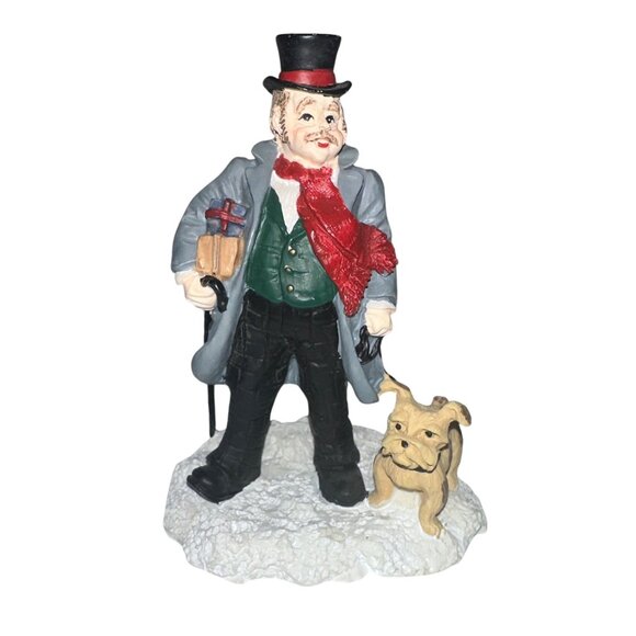Vtg 1995 Village Square Man Cane Walking Dog Figurine Mervyns Christmas Holiday - Picture 1 of 6